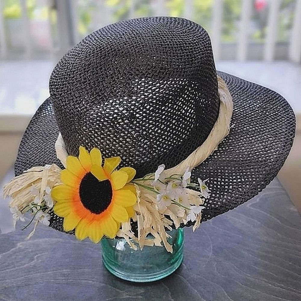 Vtg rafia sunflower band black straw sun hat